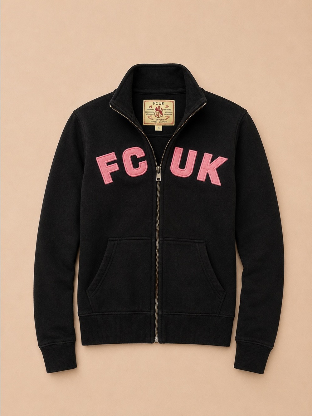Vintage FCUK Zip Hoodie Black Pink Logo Y2K Sweatshirt